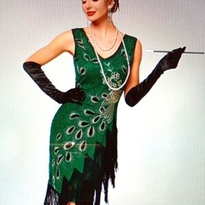 1920's Flapper Sequined Fringe V Neck Dress